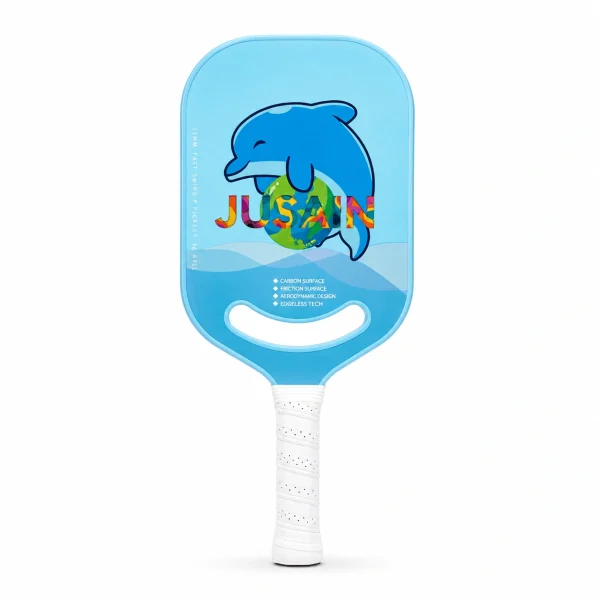 13mm fast-swing blue carbon fiber pickleball paddle with dolphin graphic, JUSAIN branding, and white handle