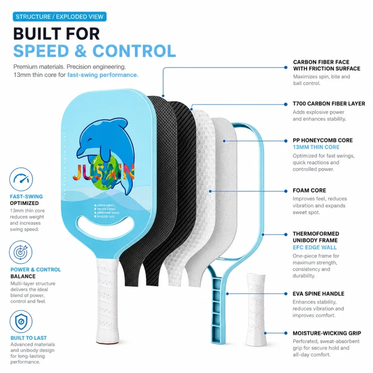 Exploded structure of 13mm blue dolphin JUSAIN carbon fiber pickleball paddle with PP honeycomb foam core and fast-swing thin core design