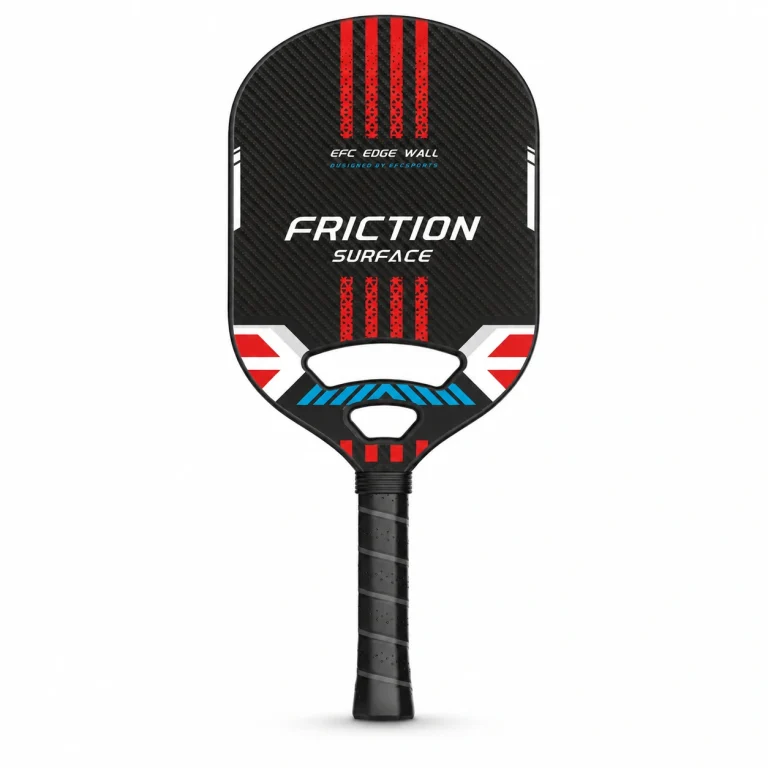14mm attack black carbon fiber pickleball paddle with red stripe accents, FRICTION SURFACE face, and black handle