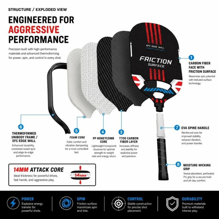 Exploded structure of 14mm attack black carbon red stripe carbon fiber pickleball paddle with PP honeycomb foam core and EFC edge wall