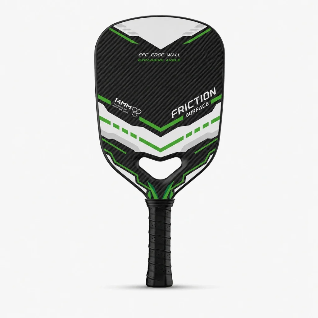 14mm balanced black carbon fiber pickleball paddle with green white chevron design, heart throat cutout, and black handle