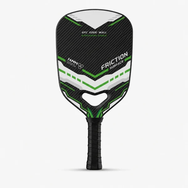 14mm balanced black carbon fiber pickleball paddle with green white chevron design, heart throat cutout, and black handle