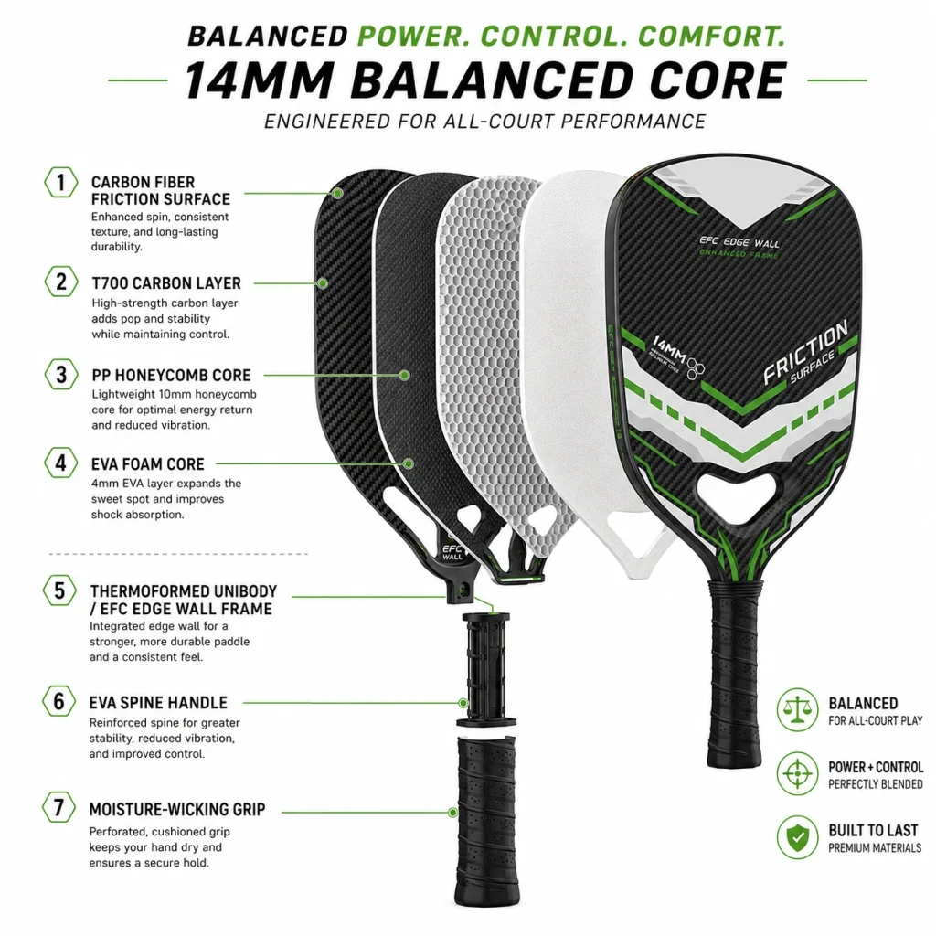 Exploded structure of 14mm balanced black carbon green white pickleball paddle with PP honeycomb foam core and EFC edge wall