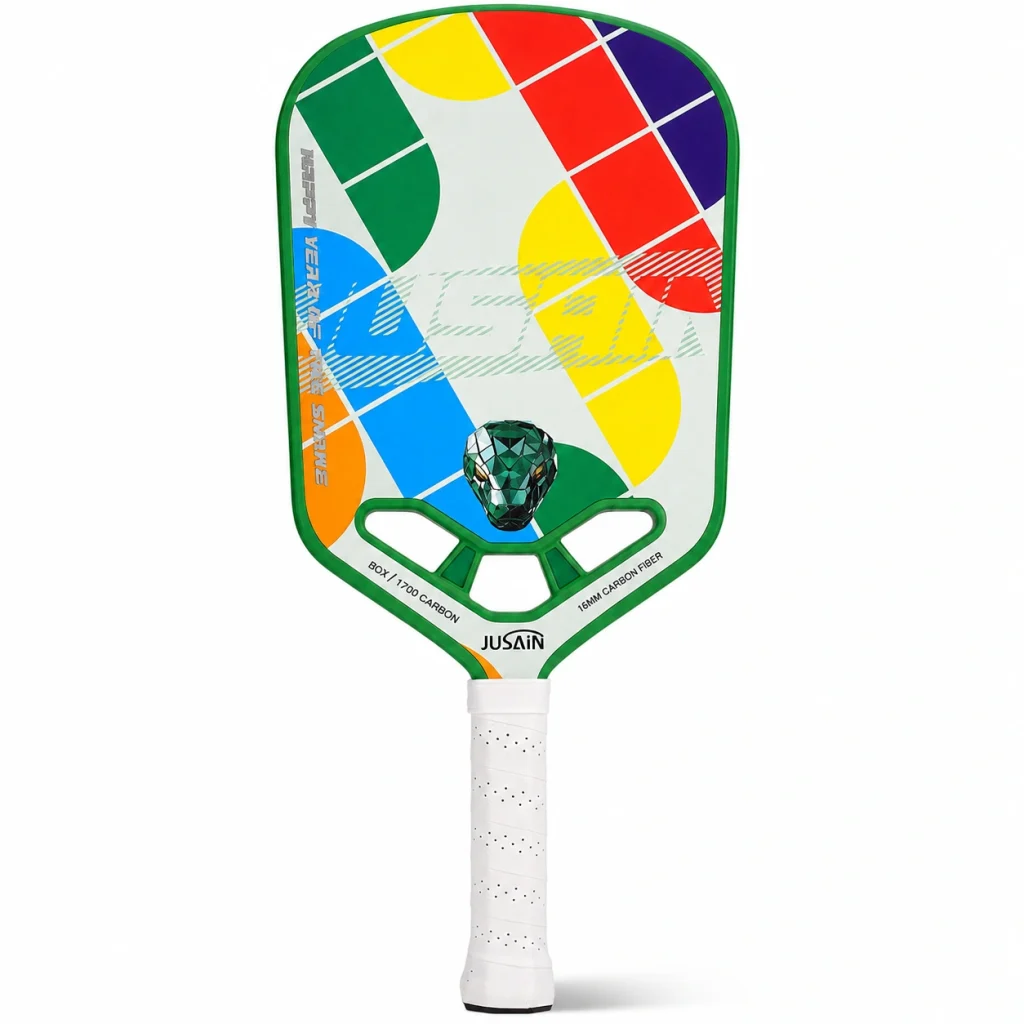 16mm carbon fiber pickleball paddle with Rubik's Cube colorblock design, green edge guard, three-hole throat, and white handle