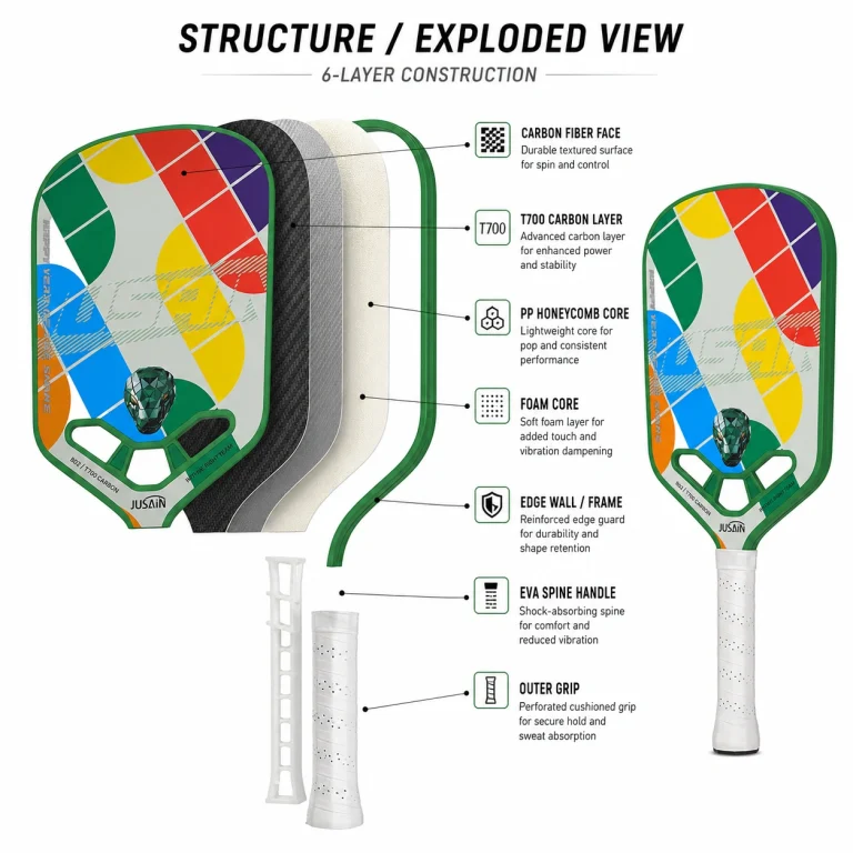 Exploded structure of 16mm Rubik's Cube colorblock carbon fiber pickleball paddle with PP honeycomb foam core and green edge wall