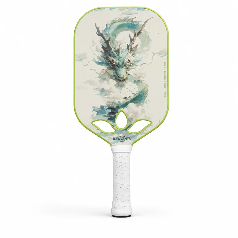 16mm ink-wash blue dragon carbon fiber pickleball paddle with petal throat cutout, green edge guard, and white handle