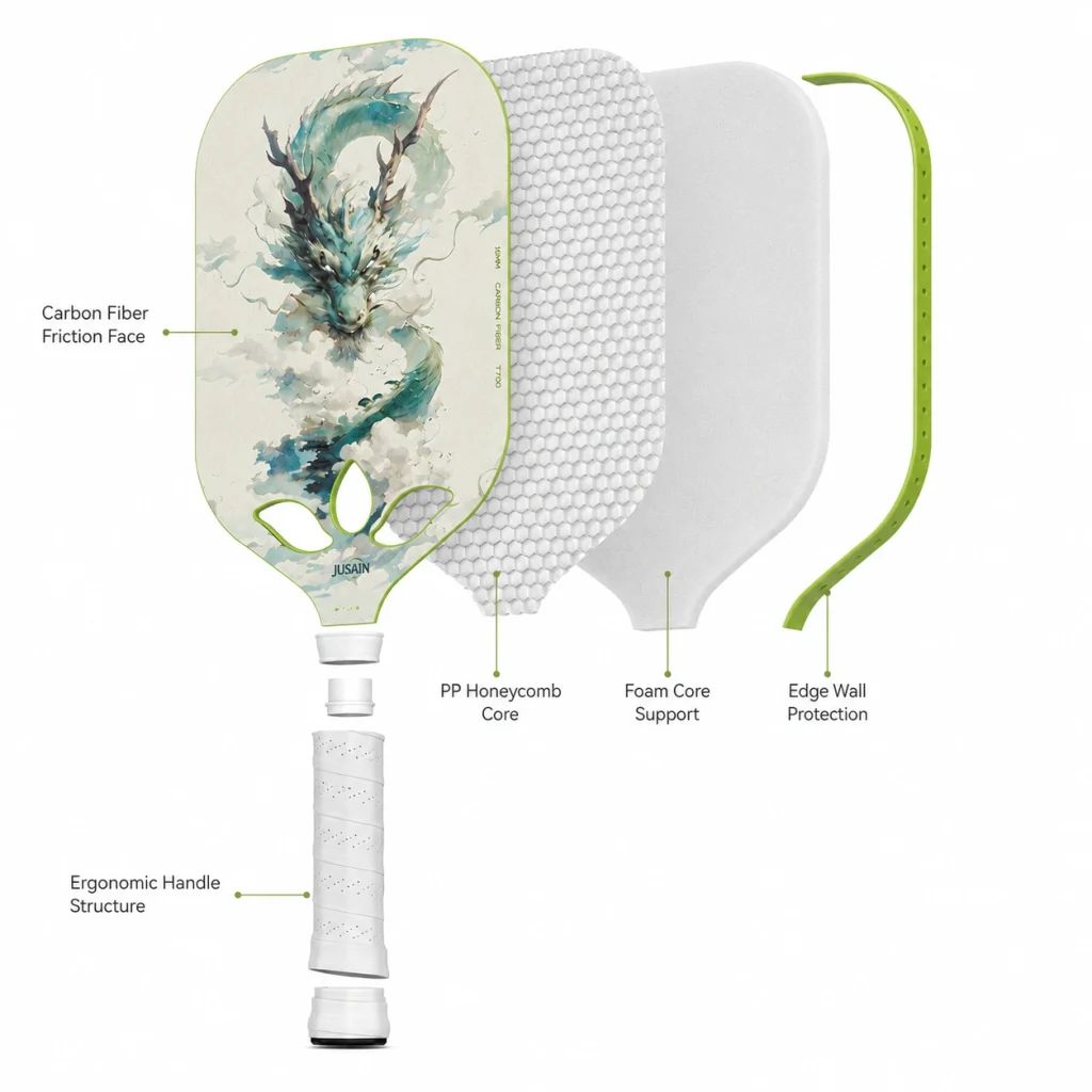 Exploded structure of 16mm ink-wash blue dragon carbon fiber pickleball paddle with PP honeycomb foam core, petal throat, and green edge wall