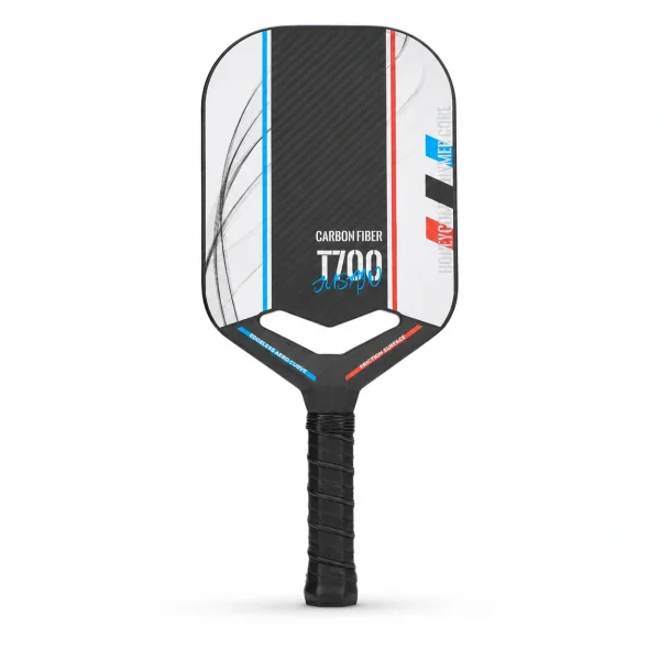 13mm T700 carbon fiber pickleball paddle with dark carbon face, blue halftone slash graphic, Y-fork throat, and black handle
