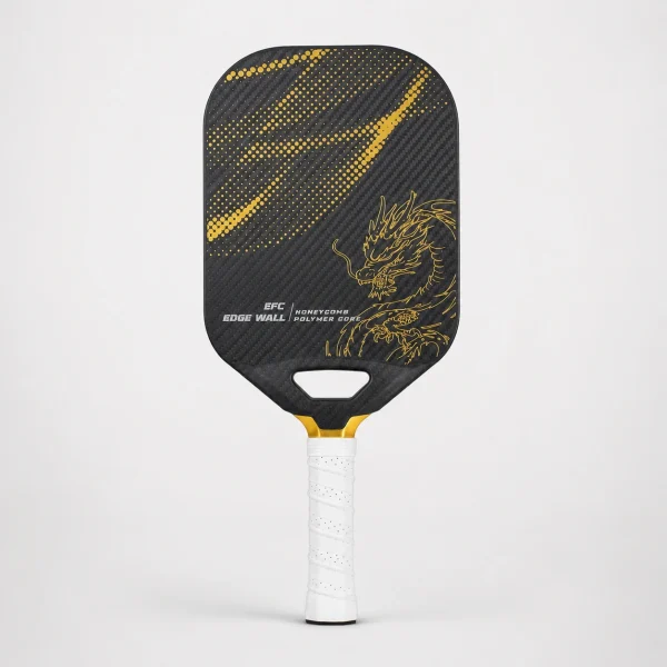 13mm T700 carbon fiber pickleball paddle with dark gray carbon weave, gold dragon illustration, EFC edge wall badge, trapezoid throat, gold collar, and white handle