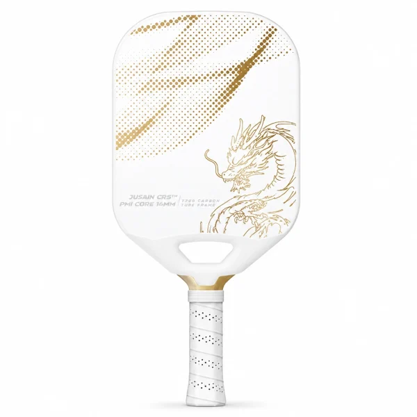 13mm T700 carbon fiber pickleball paddle with all-white face, gold dragon illustration, gold halftone dots, trapezoid throat, gold collar, and white handle