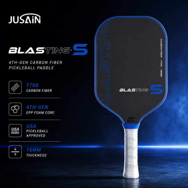 SPP-G4-02 BLASTING-S T700 carbon fiber pickleball paddle hero shot in blue with 4th-generation EPP foam core and USA Pickleball Approved badge