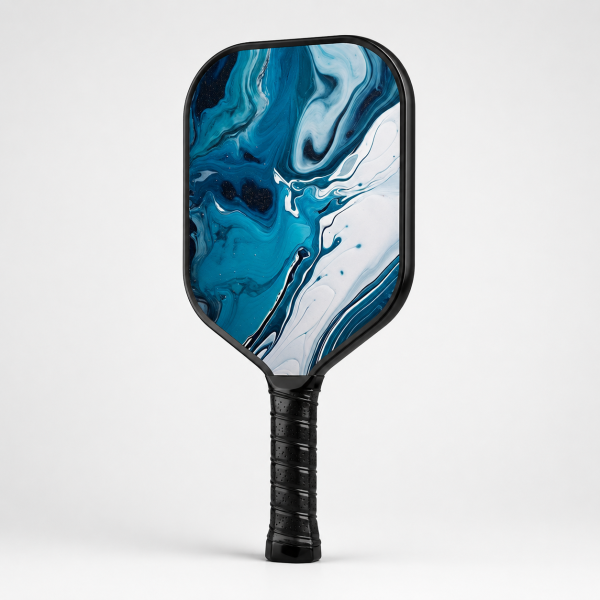 Fiberglass Pickleball Paddle - 16mm Defensive, Blue White Marble Flow Art Hero Shot