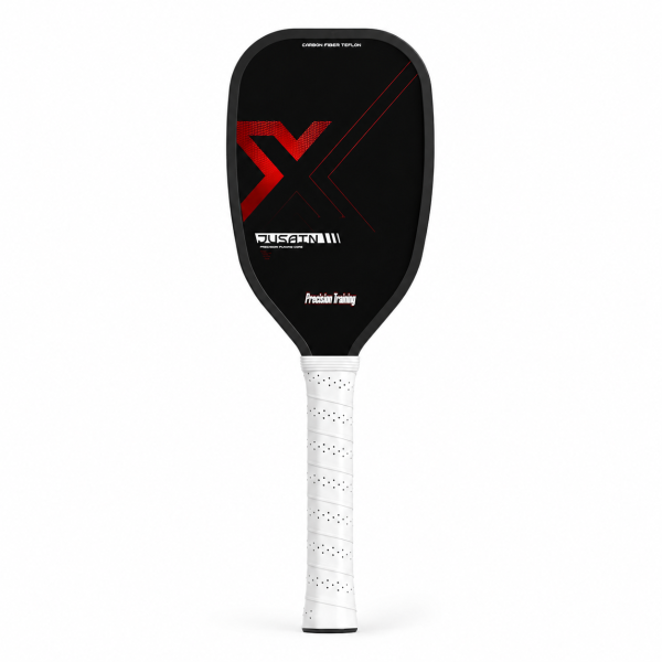 Black and red precision training pickleball paddle with carbon fiber Teflon face and extended white grip